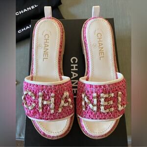 Chanel tweed cork slide pink sandals authentic EUC 37 7 6.5